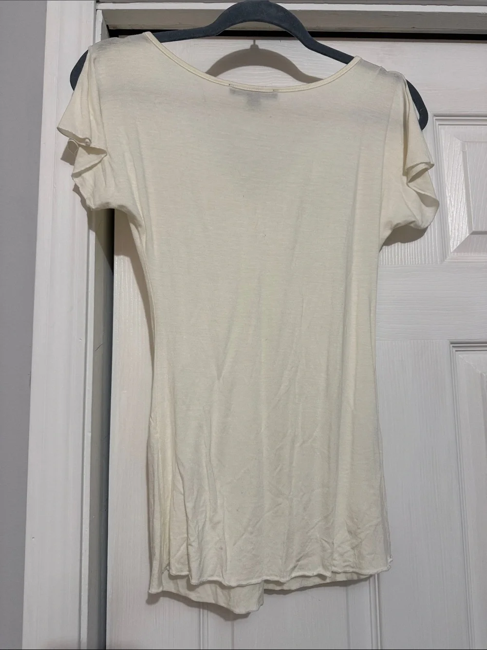 Express Cream V-Neck Short Sleeve Top with Center Embellishment - Picture 2 of 3